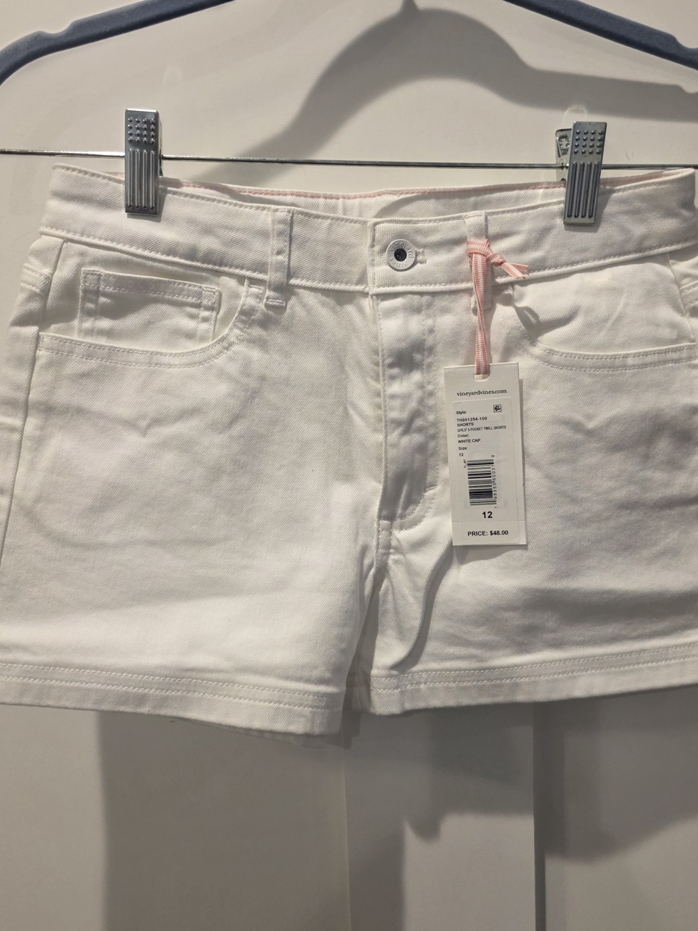 New Vineyard Vines Girls 12 White 5 Pocket Denim Shorts 2 1/2 Inseam Pink Whale
